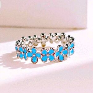 Elegant Blue Flower Sterling Silver Ring - Size 7 & 8